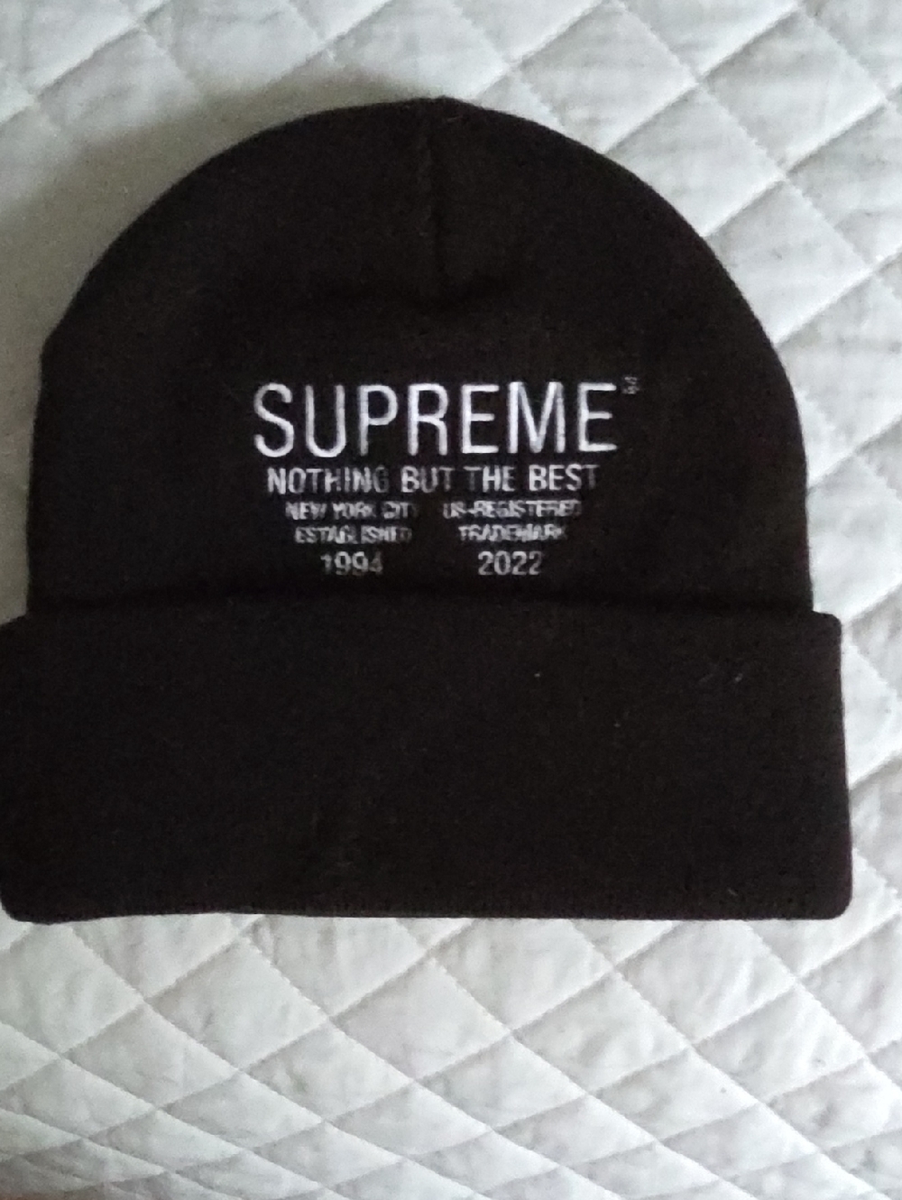 Supreme Black Beanie with White Logo and Text